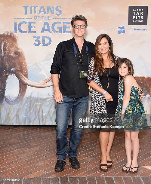 Photojournalist Simon Wakelin, actress Tia Carrere and Bianca Wakelin attend the Titans of the Ice Age Premiere at La Brea Tar Pits and Museum on...