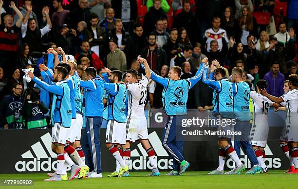 The team of Germany celebrate after the UEFA European Under-21 Group A match between Germany and Denmark at Eden Stadium on June 20, 2015 in Prague,...