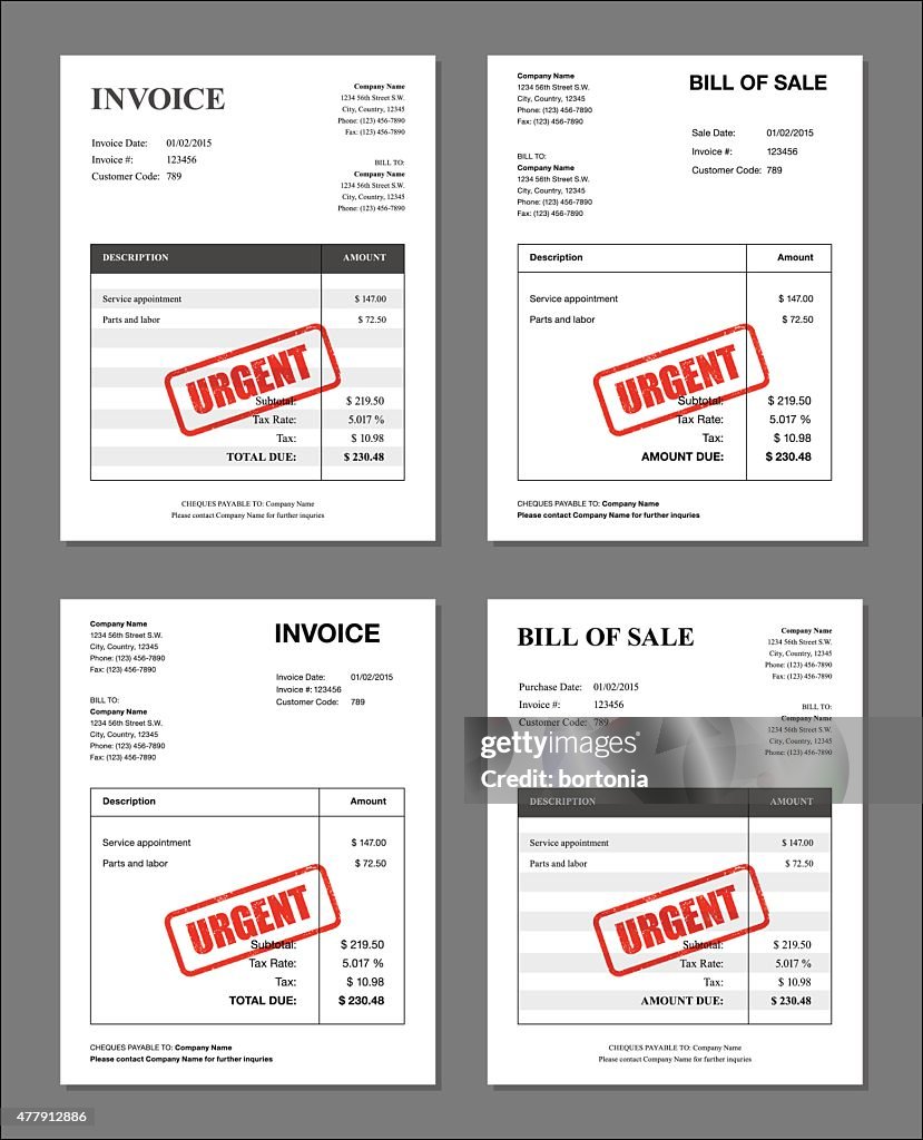 Set of Four 'URGENT' Stamped Invoices and Bill Templates