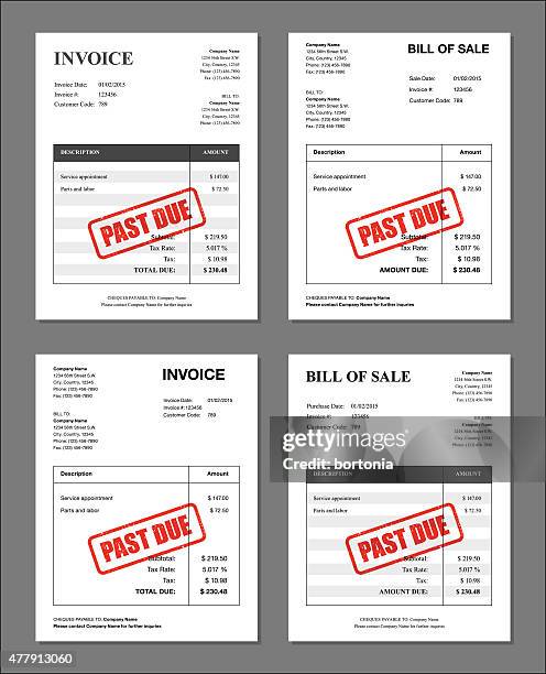 satz von vier'past due'aufgeprägtem rechnungen und bill-vorlagen - financial bill stock-grafiken, -clipart, -cartoons und -symbole