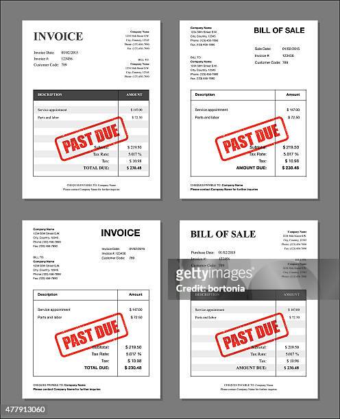 set of four 'past due' stamped invoices and bill templates - financial bill stock illustrations