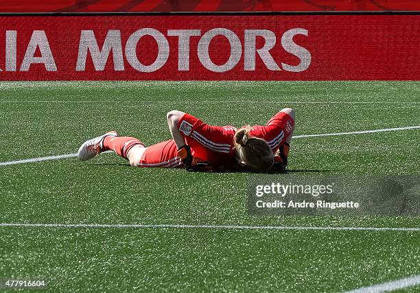 Hedvig Lindahl of Sweden lies face down on the pitch in reaction to allowing the opening goal during the FIFA Women's World Cup Canada 2015 round of...