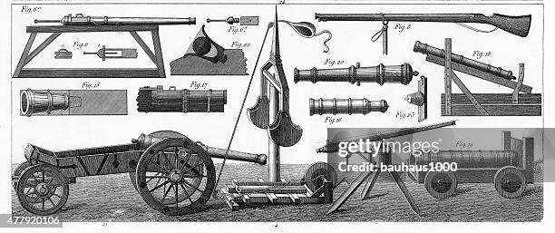 military weapons and war machines of the middle ages engraving - catapult stock illustrations