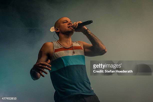 Singer Residente aka Rene Perez Joglar of Calle 13 performs live on stage during a concert at Columbiahalle on June 20, 2015 in Berlin, Germany.