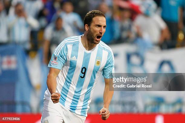Gonzalo Higuain of Argentina celebrates after scoring the opening goal during the 2015 Copa America Chile Group B match between Argentina and Jamaica...