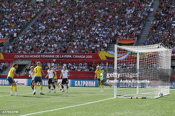 The ball hits the back of the net behind Nadine Angerer of Germany for the first goal by Sweden during the FIFA Women's World Cup Canada 2015 round...