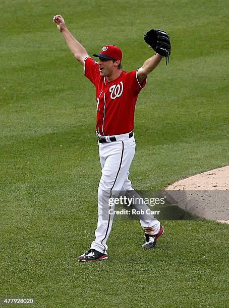 Starting pitcher Max Scherzer of the Washington Nationals celebrates after getting the last out for a no hitter during the Nationals 6-0 win over...