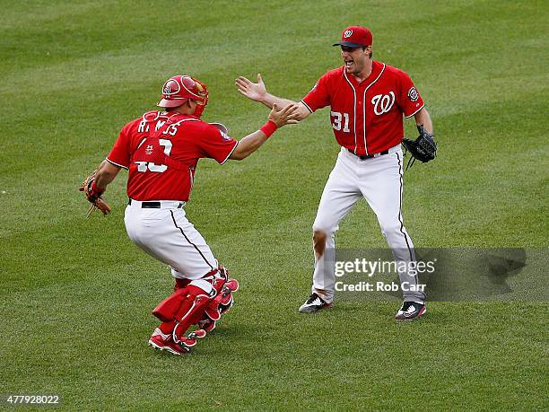 Starting pitcher Max Scherzer of the Washington Nationals celebrates with catcher Wilson Ramos after throwing a not hitter to defeat the Pittsburgh...