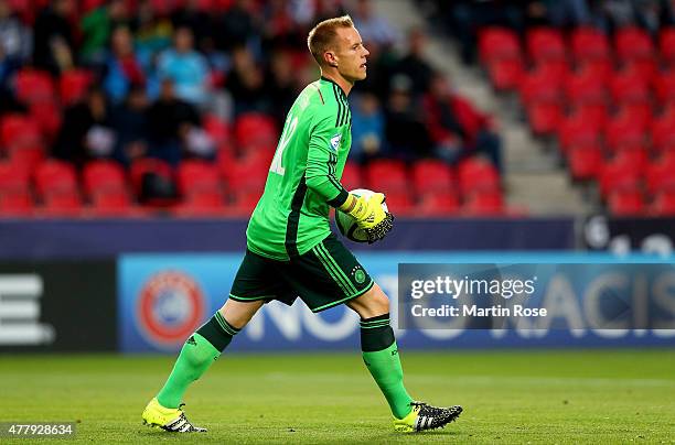 Marc Andre ter Stegen, goalkeeper of Germany controls the ball during the UEFA European Under-21 Group A match between Germany and Denmark at Eden...