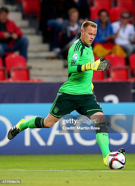 Marc Andre ter Stegen, goalkeeper of Germany controls the ball during the UEFA European Under-21 Group A match between Germany and Denmark at Eden...