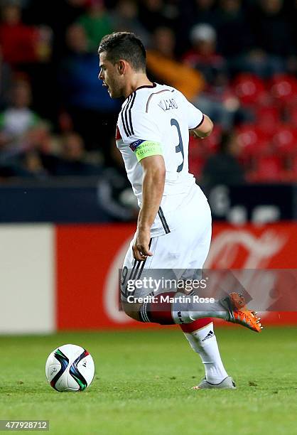 Kevin Volland of Germany runs with the ball during the UEFA European Under-21 Group A match between Germany and Denmark at Eden Stadium on June 20,...