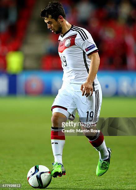 Amin Younes of Germany runs with the ball during the UEFA European Under-21 Group A match between Germany and Denmark at Eden Stadium on June 20,...