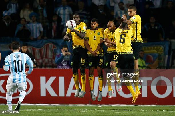 Lionel Messi of Argentina takes a free kick during the 2015 Copa America Chile Group B match between Argentina and Jamaica at Sausalito Stadium on...