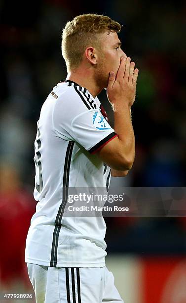 Max Meyer of Germany reacts during the UEFA European Under-21 Group A match between Germany and Denmark at Eden Stadium on June 20, 2015 in Prague,...