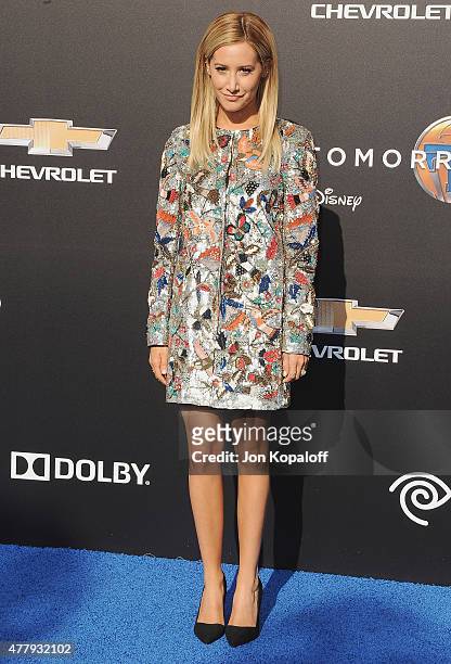 Actress Ashley Tisdale arrives at the Los Angeles Premiere of Disney's "Tomorrowland" at AMC Downtown Disney on May 9, 2015 in Lake Buena Vista,...