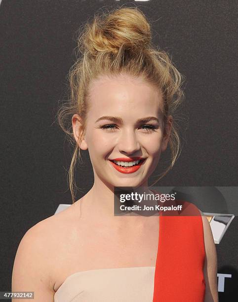 Actress Britt Robertson arrives at the Los Angeles Premiere of Disney's "Tomorrowland" at AMC Downtown Disney on May 9, 2015 in Lake Buena Vista,...