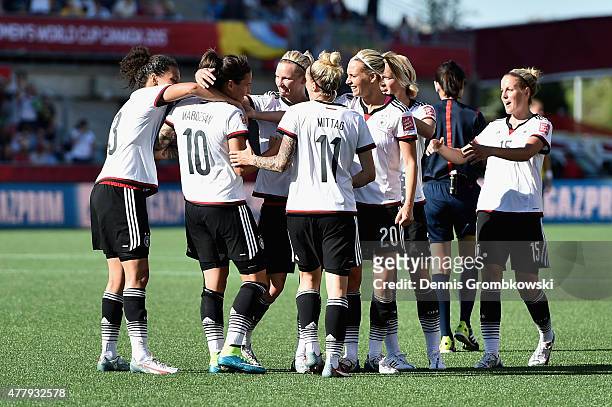 Dzsenifer Marozsan of Germany celebrates with team mates as she scores the fourth during the FIFA Women's World Cup Canada 2015 Round of 16 match...