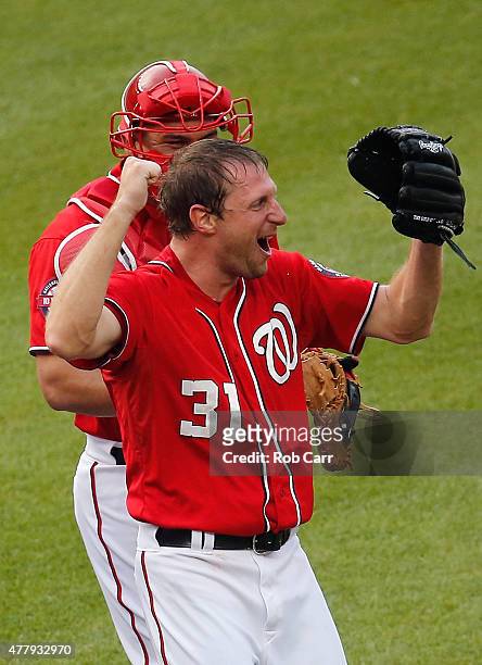 Starting pitcher Max Scherzer of the Washington Nationals celebrates with catcher Wilson Ramos after throwing a no hitter to defeat the Pittsburgh...