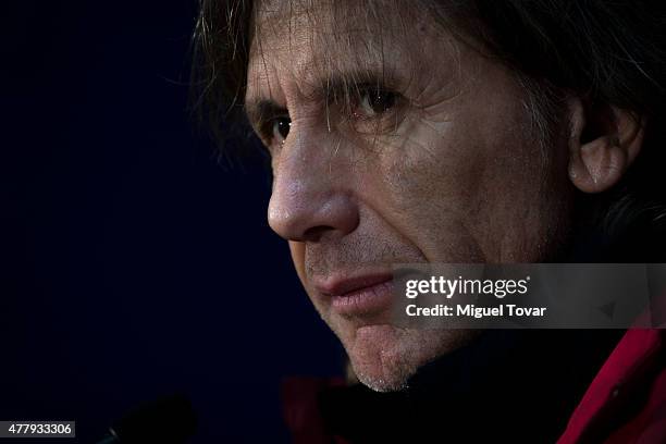 Ricardo Gareca, coach of Peru, looks on during a press conference at German Becker Stadium on June 20, 2015 in Temuco, Chile. Peru will face Colombia...