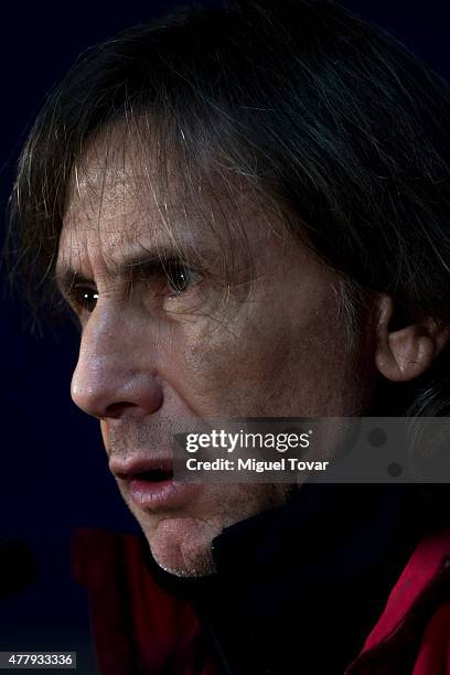 Ricardo Gareca, coach of Peru, looks on during a press conference at German Becker Stadium on June 20, 2015 in Temuco, Chile. Peru will face Colombia...