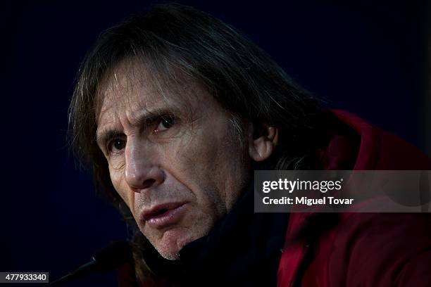 Ricardo Gareca, coach of Peru, looks on during a press conference at German Becker Stadium on June 20, 2015 in Temuco, Chile. Peru will face Colombia...