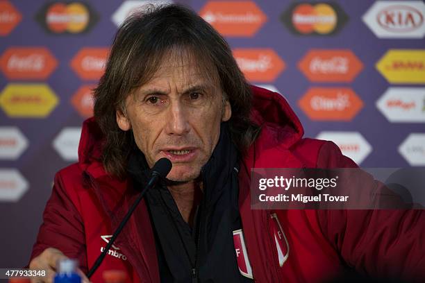 Ricardo Gareca, coach of Peru, talks during a press conference at German Becker Stadium on June 20, 2015 in Temuco, Chile. Peru will face Colombia on...