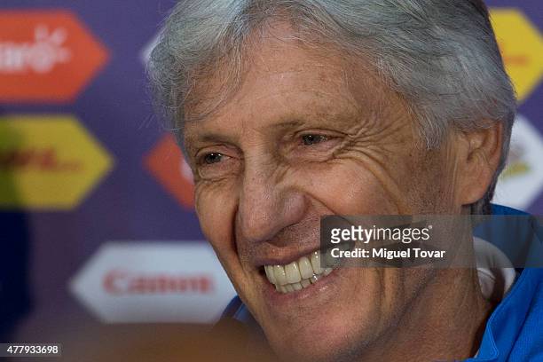 Jose Nestor Pekerman, coach of Colombia, smiles during a press conference at German Becker Stadium on June 20, 2015 in Temuco, Chile. Colombia will...