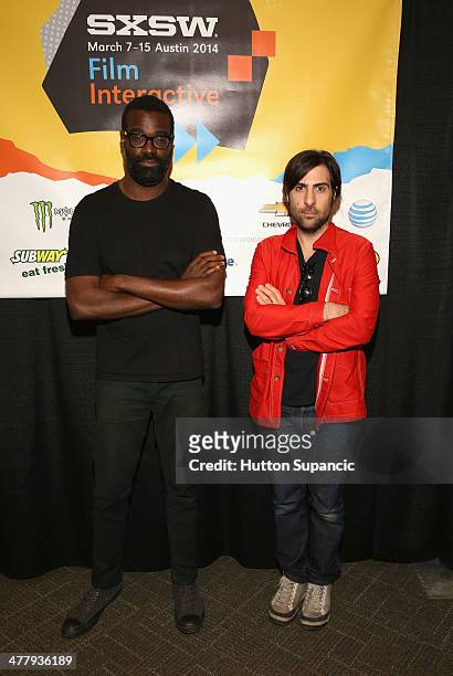 Actors Tunde Adebimpe and Jason Schwartzman attend "In The Lion's Den With Schwartzman, Adebimpe, And Byington" Greenroom Photo Op And Q&A during the...