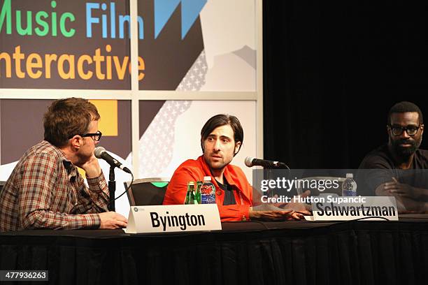 Director Bob Byington and actors Jason Schwartzman and Tunde Adebimpe speak onstage at "In The Lion's Den With Schwartzman, Adebimpe, And Byington"...