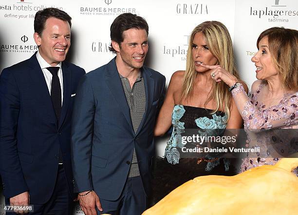 Alain Zimmermann, James Marsden, Tiziana Rocca and Silvia Grilli attend the Baume & Mercier and Grazia Gala Dinner - 61st Taormina Film Fest on June...