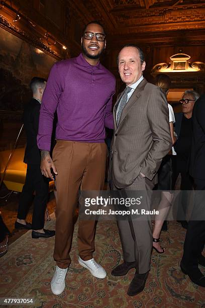 Carmelo Anthony and Gildo Zegna attend GQ Party for Jim Moore during Milan Menswear Fashion Week Spring/Summer 2016 at Casa Degli Atellani on June...
