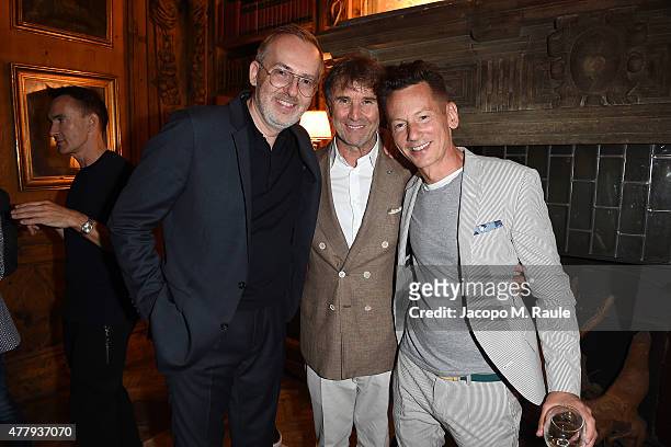 Jim Moore, Brunello Cucinelli and Jim Nelson attend GQ Party for Jim Moore during Milan Menswear Fashion Week Spring/Summer 2016 at Casa Degli...