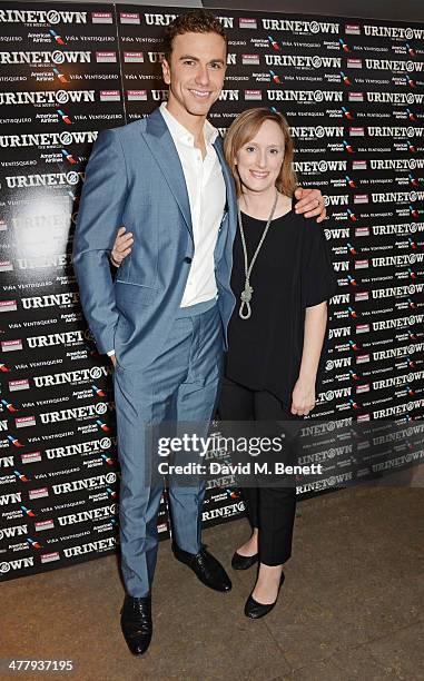 Cast members Richard Fleeshman and Jenna Russell attend the press night performance of "Urinetown" at the St James Theatre on March 11, 2014 in...