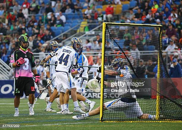 Rob Pannell of New York Lizards celebrates a goal against Pierce Bassett of Charlotte Hounds during their game at James M. Shuart Stadium on June 20,...