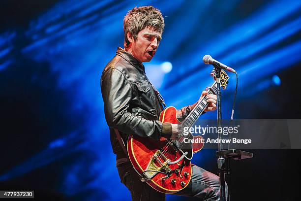 Noel Gallagher of Noel Gallagher's High Flying Birds performs on the main stage for Best Kept Secret Festival at Beekse Bergen on June 20, 2015 in...