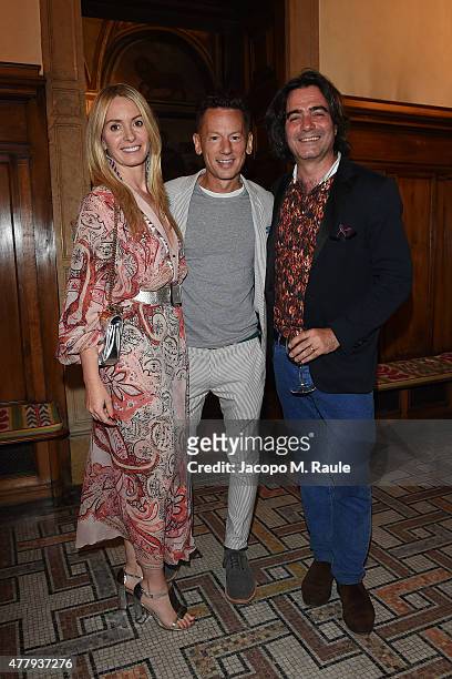 Costanza Etro, Jim Nelson and Kean Etro attend GQ Party for Jim Moore during Milan Menswear Fashion Week Spring/Summer 2016 at Casa Degli Atellani on...