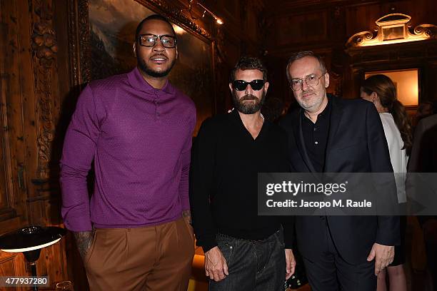 Carmelo Anthony, Stefano Pilati and Jim Moore attend GQ Party for Jim Moore during Milan Menswear Fashion Week Spring/Summer 2016 at Casa Degli...