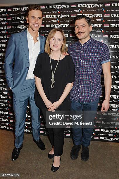 Cast members Richard Fleeshman, Jenna Russell and Marc Elliott attend the press night performance of "Urinetown" at the St James Theatre on March 11,...