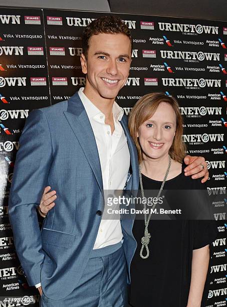 Cast members Richard Fleeshman and Jenna Russell attend the press night performance of "Urinetown" at the St James Theatre on March 11, 2014 in...