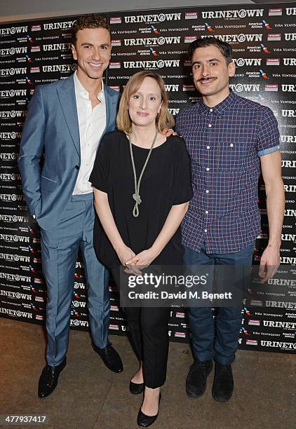 Cast members Richard Fleeshman, Jenna Russell and Marc Elliott attend the press night performance of "Urinetown" at the St James Theatre on March 11,...