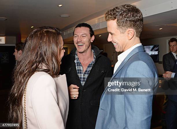 Samantha Barks, Luke Evans and cast member Richard Fleeshman attend the press night performance of "Urinetown" at the St James Theatre on March 11,...