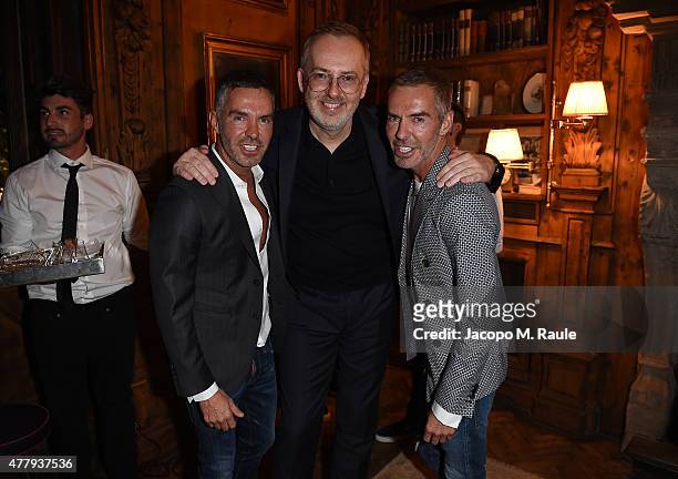 Dean Caten, Dan Caten and Jim Moore attend GQ Party for Jim Moore during Milan Menswear Fashion Week Spring/Summer 2016 at Casa Degli Atellani on...