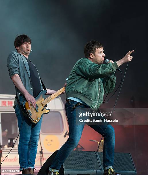 Damon Albarn and Alex James of Blur perform live at the British Summer Time 2015 at Hyde Park on June 20, 2015 in London, England.