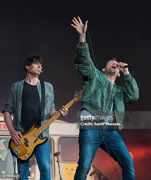 Damon Albarn and Alex James of Blur perform live at the British Summer Time 2015 at Hyde Park on June 20, 2015 in London, England.