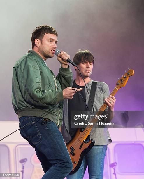 Damon Albarn and Alex James of Blur perform live at the British Summer Time 2015 at Hyde Park on June 20, 2015 in London, England.