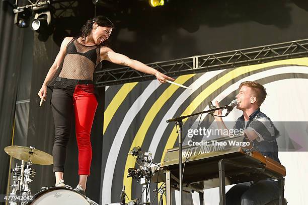 Musicians Kim Schifino and Matt Johnson of Matt and Kim perform onstage during day 3 of the Firefly Music Festival on June 20, 2015 in Dover,...