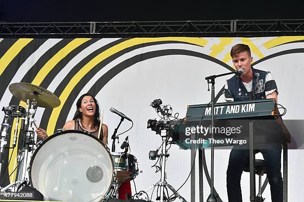 Musicians Kim Schifino and Matt Johnson of Matt and Kim perform onstage during day 3 of the Firefly Music Festival on June 20, 2015 in Dover,...