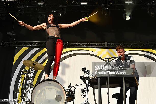 Musicians Kim Schifino and Matt Johnson of Matt and Kim perform onstage during day 3 of the Firefly Music Festival on June 20, 2015 in Dover,...