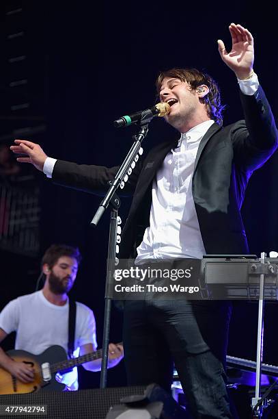 Musicians Cubbie Fink and Mark Foster of Foster the People perform onstage during day 3 of the Firefly Music Festival on June 20, 2015 in Dover,...