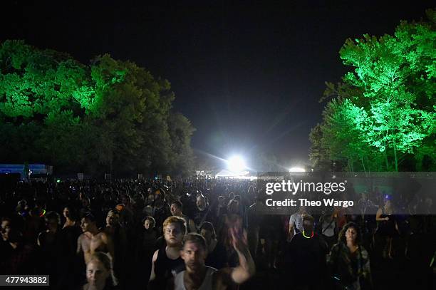 Guests evacuate the festival grounds on day 3 of the Firefly Music Festival on June 20, 2015 in Dover, Delaware.